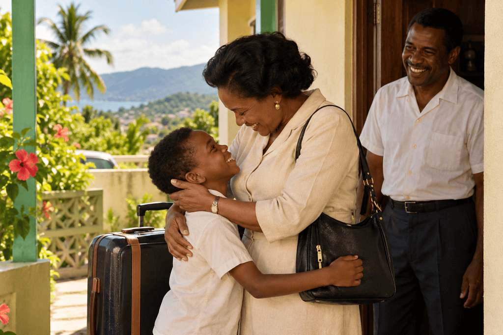 A mother returning home to Jamaica embraces her young son while his father welcomes her.