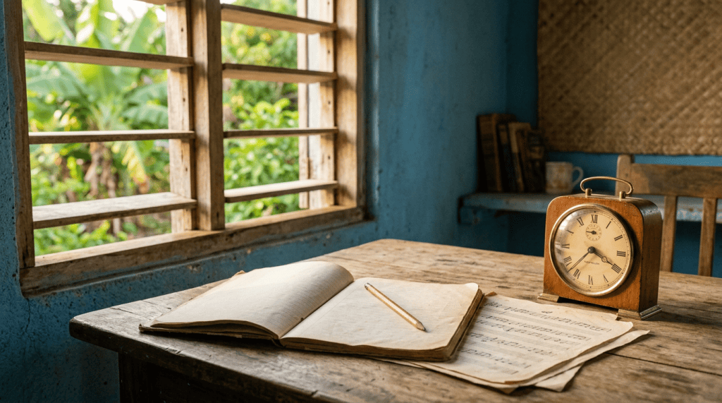 Open notebook and pencil beside a vintage clock on wooden table